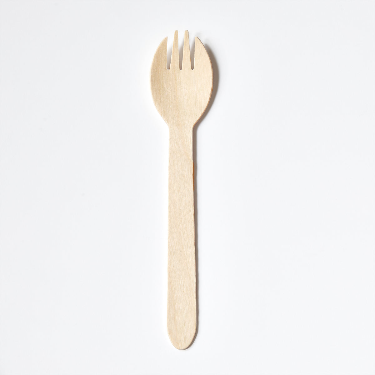 A single small wooden compostable & disposable spork, made of birchwood, shown vertically against a plain white background.