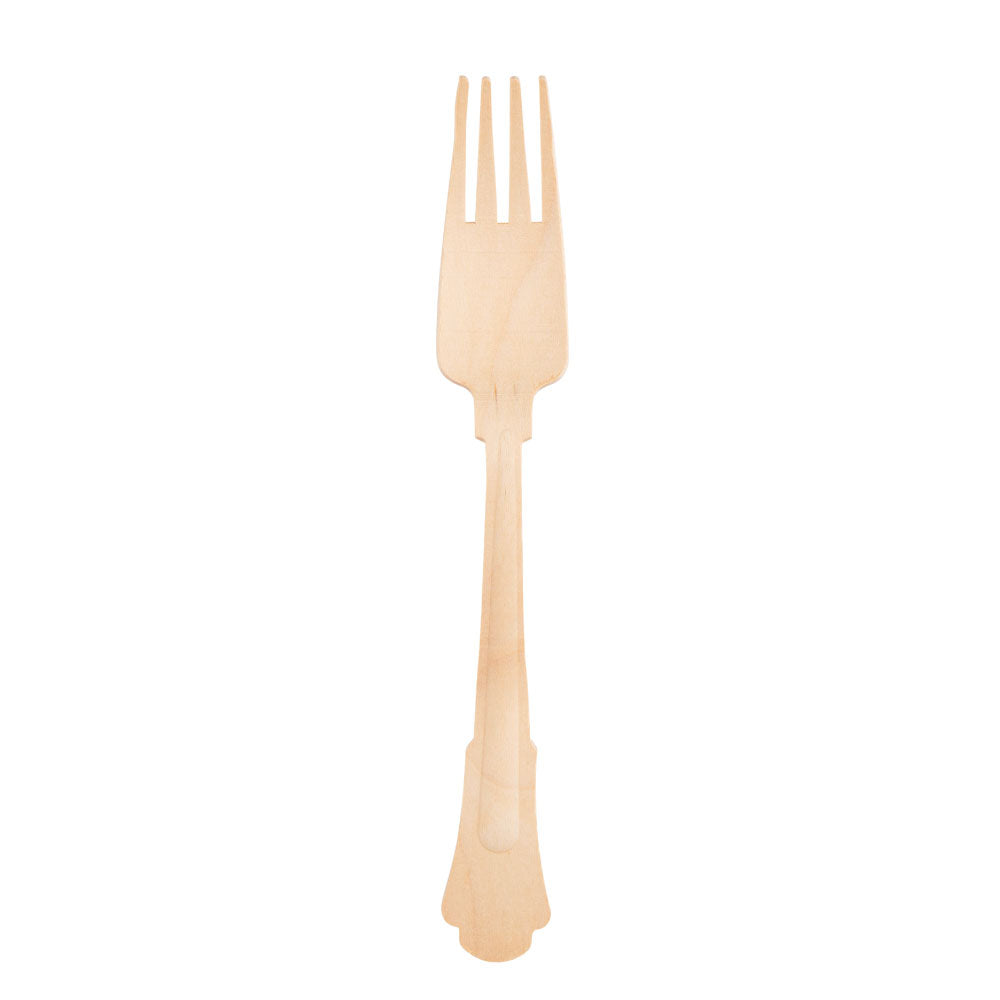 A compostable and disopsable wooden fork made from birchwood. Crafted in an elegant, luxury style for special events.