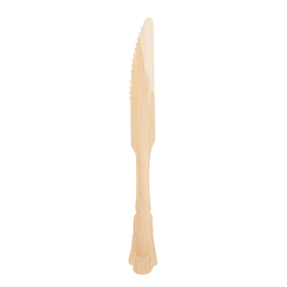 A compostable and disopsable wooden knife made from birchwood. Crafted in an elegant, luxury style for special events.