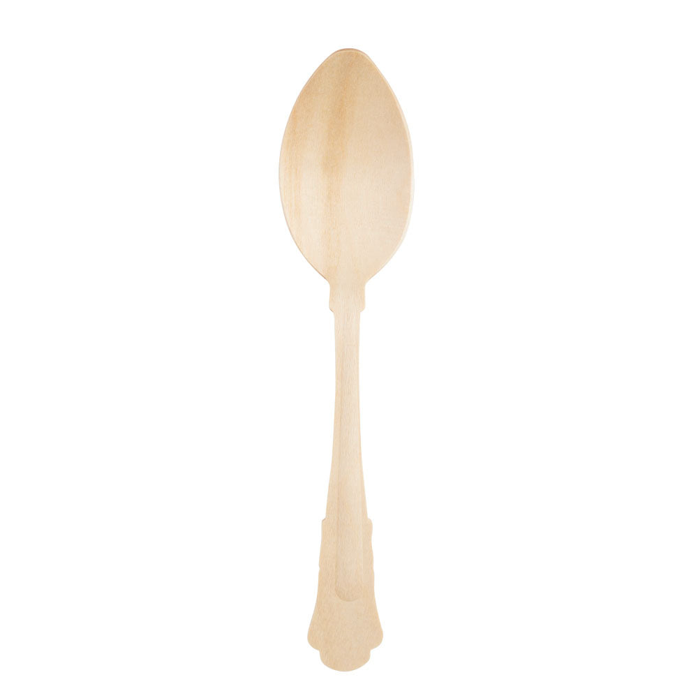 A compostable and disopsable wooden spoon made from birchwood. Crafted in an elegant, luxury, decorative style for special events.